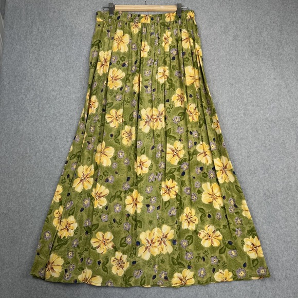 Vintage Putumayo Skirt Womens L Green Yellow Floral Maxi Boho Pleated India - Picture 2 of 7